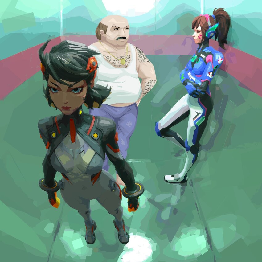 1boy, 2gbram, 2girls, against_wall, aqua_teen_hunger_force, balding, black_hair, blue_bodysuit