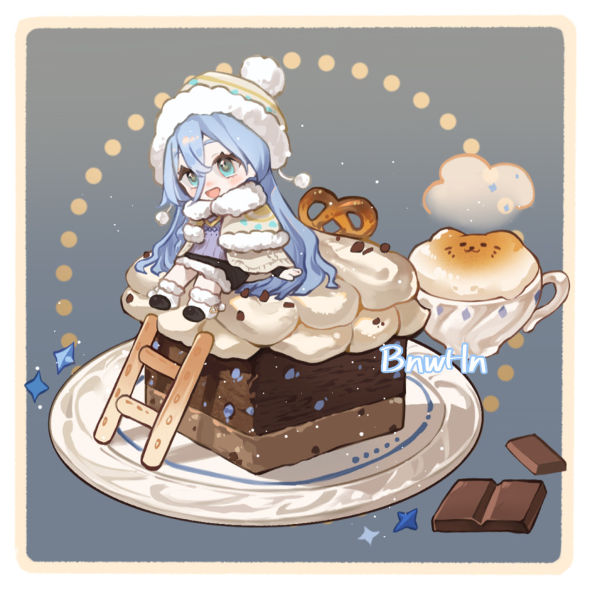 1girl, 37_(maidjump_goods_cafe)_(reverse:1999), 37_(reverse:1999), :d, beanie, black_shoes, black_skirt, blue_hair