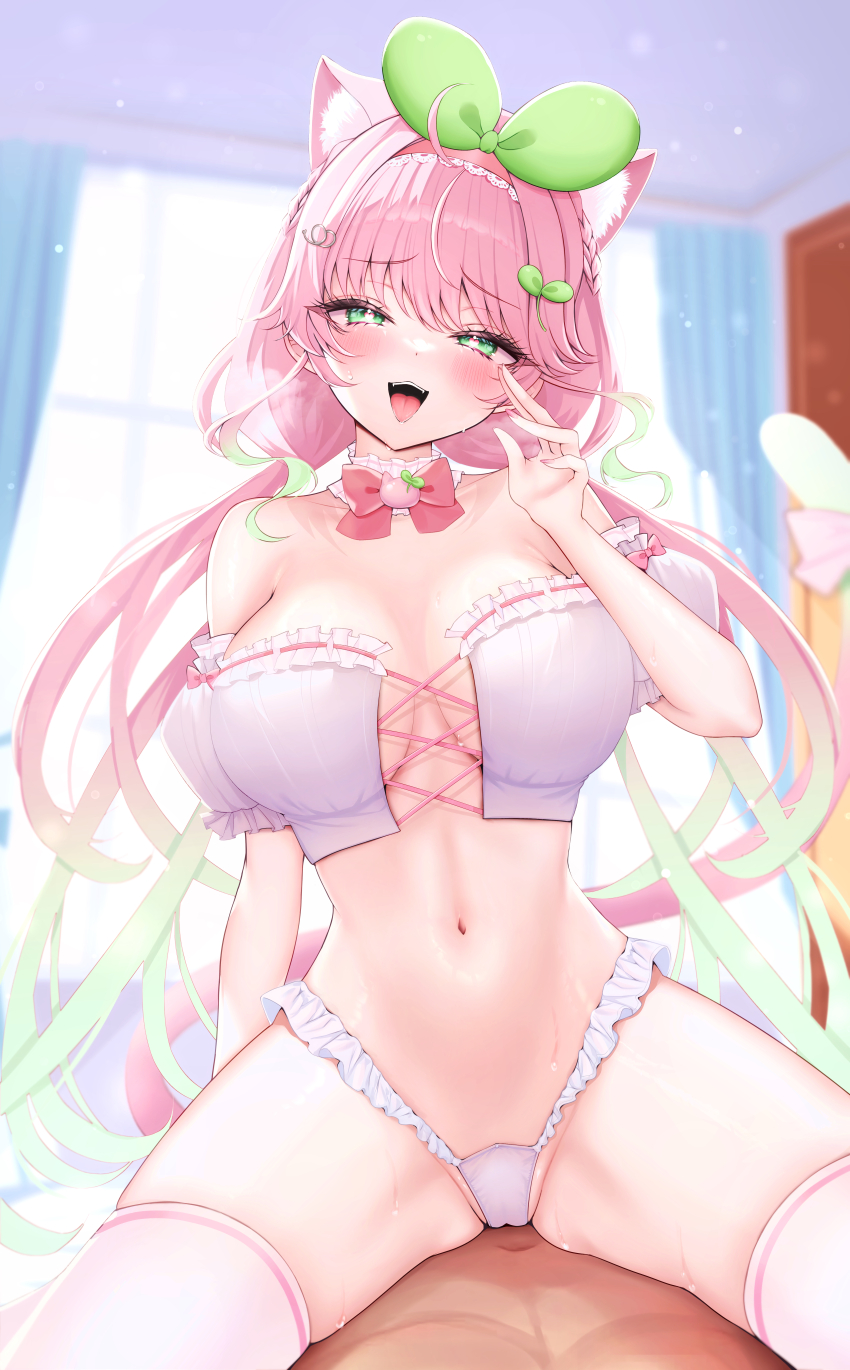 1boy, 1girl, absurdres, animal_ears, blurry, blurry_background, blush, breasts, commission, frilled_panties, frills, futaba_iyo, girl_on_top, green_eyes, hair_ornament, highres, indie_virtual_youtuber, indoors, large_breasts, long_hair, looking_at_viewer, navel, open_mouth, panties, pink_hair, skeb_commission, thighhighs, tongue, tongue_out, underwear, virtual_youtuber, white_panties, white_thighhighs, yu_lei
