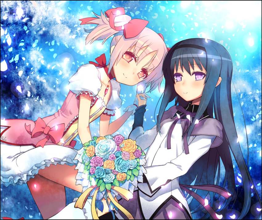 10s, 2girls, akemi_homura, akemi_homura_(magical_girl), black_hair, blue_flower, blue_rose, blue_theme