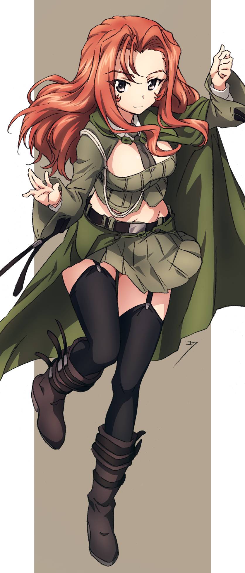 1girl, black_necktie, black_thighhighs, bonple_military_uniform, breasts, brown_eyes, closed_mouth, erakin