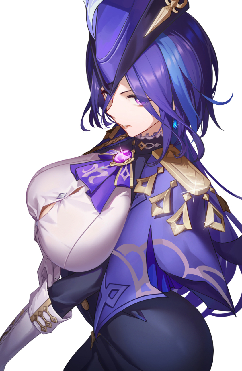 1girl, bicorne, black_corset, blue_hair, breasts, buttons, cleavage, clorinde_(genshin_impact)