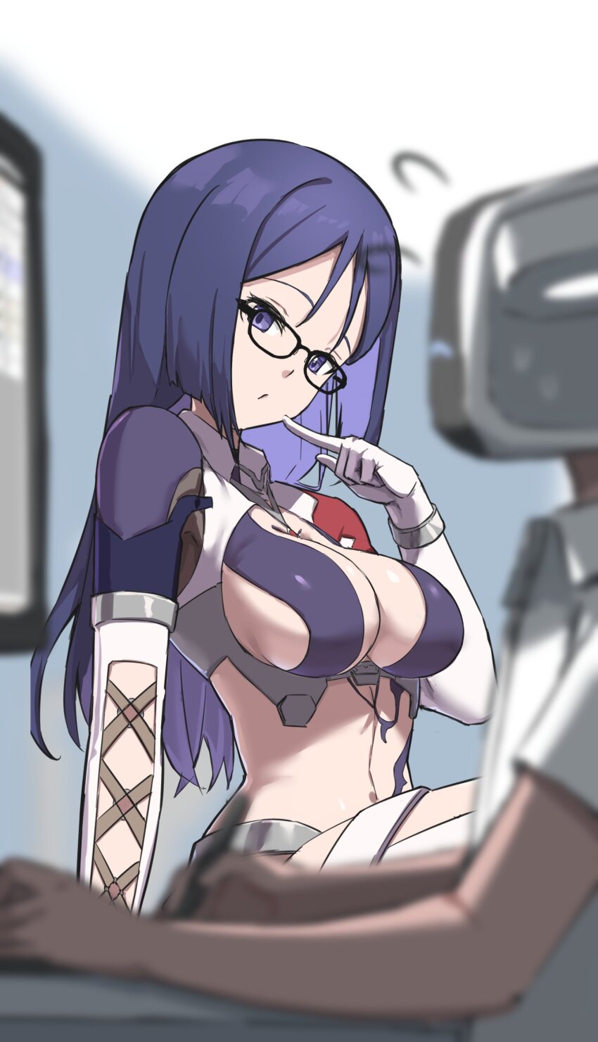1boy, 1girl, absurdres, alice_gear_aegis, black-framed_eyewear, blue_hair, breasts, glasses, highres, long_hair, momoshina_fumika, sundajin_asagi, taichou_(alice_gear_aegis)