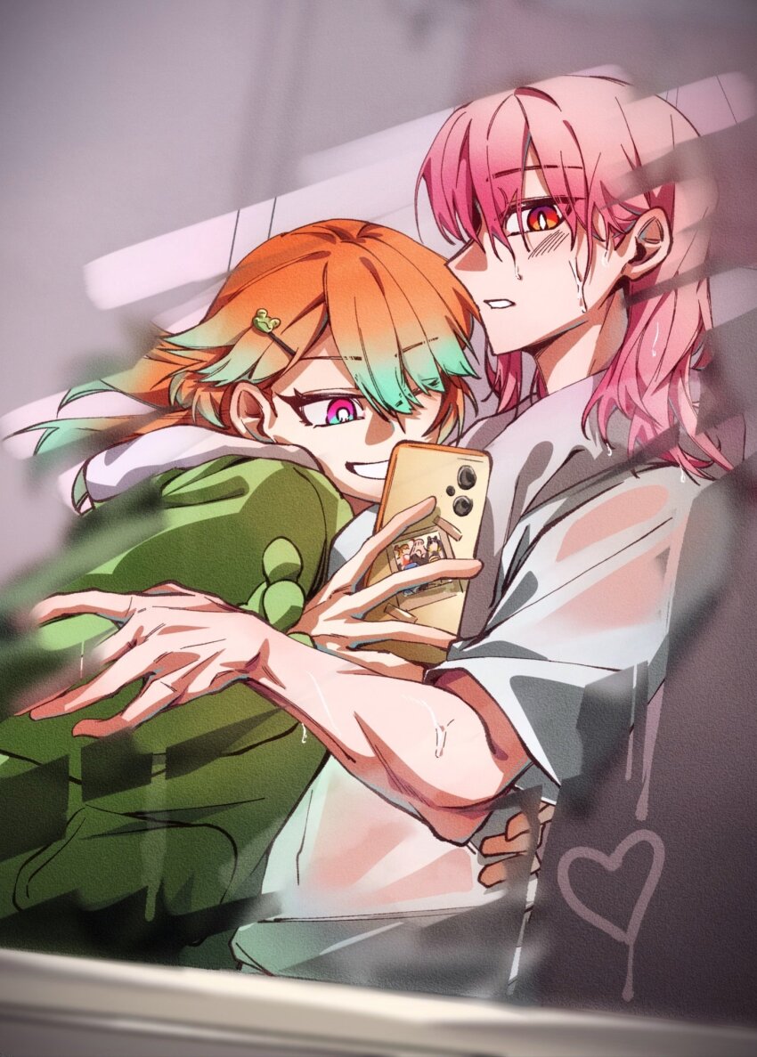 2girls, alternate_costume, blush, breasts, cameo, cellphone, cellphone_photo, couple