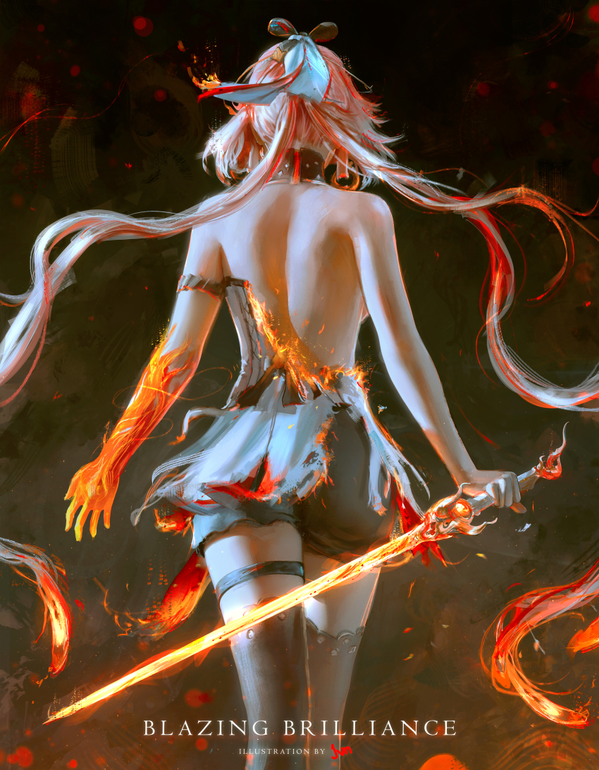 1girl, absurdres, artist_name, bare_back, bare_shoulders, black_bow, black_collar, black_shorts