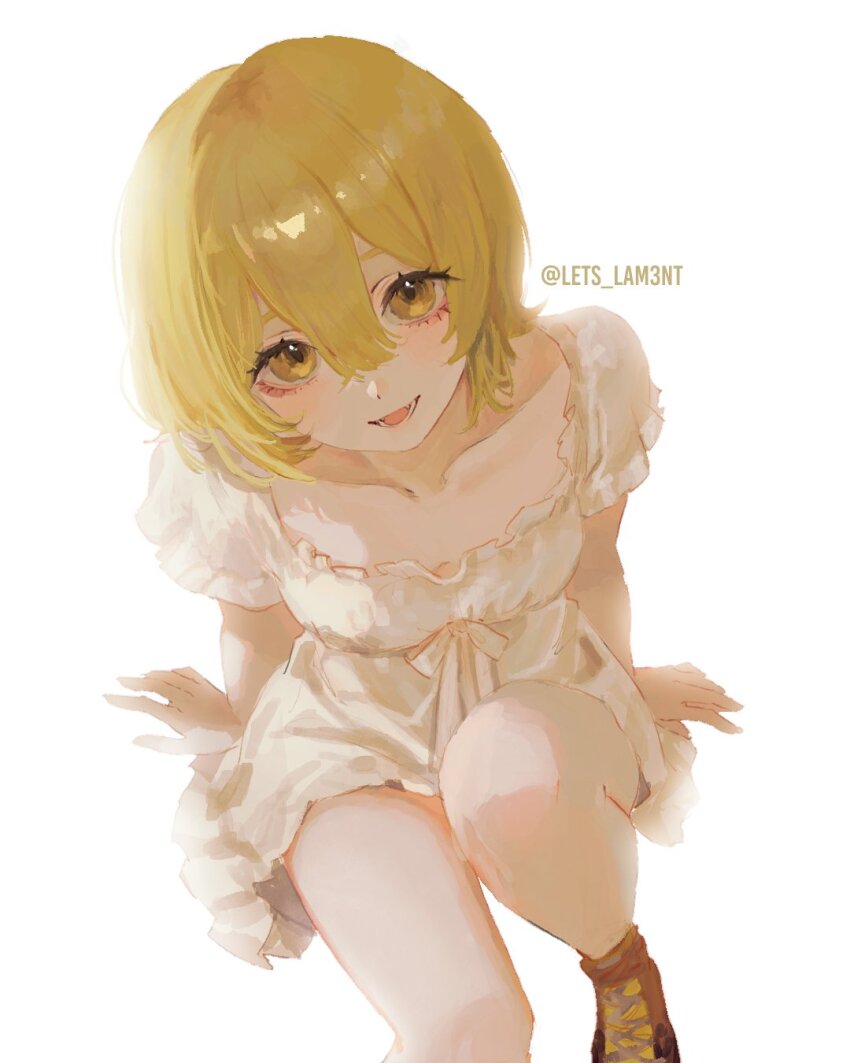1girl, blonde_hair, blush, brown_shoes, collarbone, commentary, don_quixote_(project_moon), dress