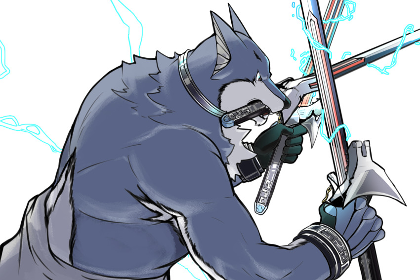 1boy, 96_gatefield, collar, dog_boy, animal_nose, doggie_kruger, dual_wielding, electricity