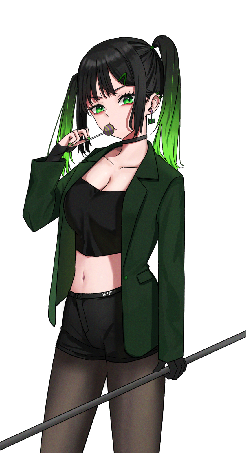 1girl, a5235, alternate_costume, artist_name, black_choker, black_hair, black_shirt, black_shorts