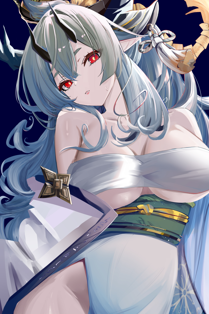 1girl, absurdres, arknights, bandeau, bare_shoulders, blue_background, breasts, bright_pupils, cleavage, collarbone, commentary_request, cowboy_shot, grey_hair, groin, head_tilt, high-waist_skirt, highres, horns, large_breasts, long_hair, looking_at_viewer, matoimaru_(arknights), matoimaru_(frosted_steps)_(arknights), mikuning, official_alternate_costume, parted_lips, pelvic_curtain, pointy_ears, red_eyes, simple_background, skirt, solo, tassel, underboob, very_long_hair, white_skirt