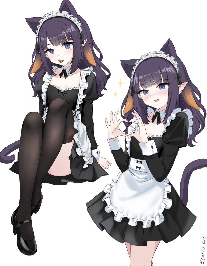 1girl, four-finger_heart_hands, alternate_costume, animal_ears, apron, arm_support, black_dress, black_ribbon