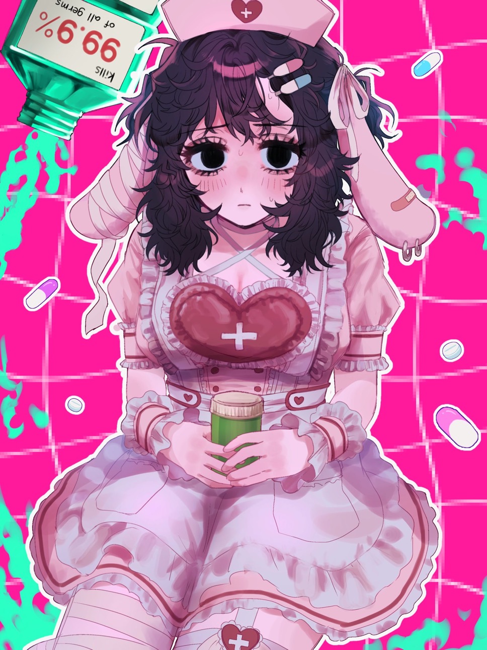 animal_ears, anya_(mouthwashing), black_eyes, black_hair, blush, dress, falling_pills, frilled_dress, frills, hat, highres, lahusqzesi32537, lolita_fashion, mouthwashing, nurse, nurse_cap, pill_bottle, pill_hair_ornament, puffy_short_sleeves, puffy_sleeves, rabbit_ears, ribbon, short_hair, short_sleeves, sweat