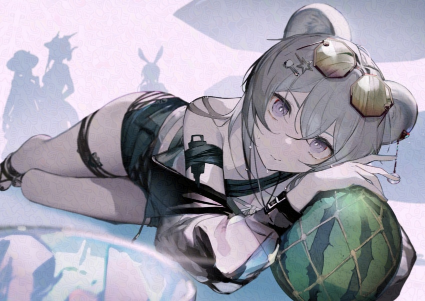 4girls, amiya_(arknights), animal_ears, anths, arknights, bare_shoulders, bikini, black_bikini