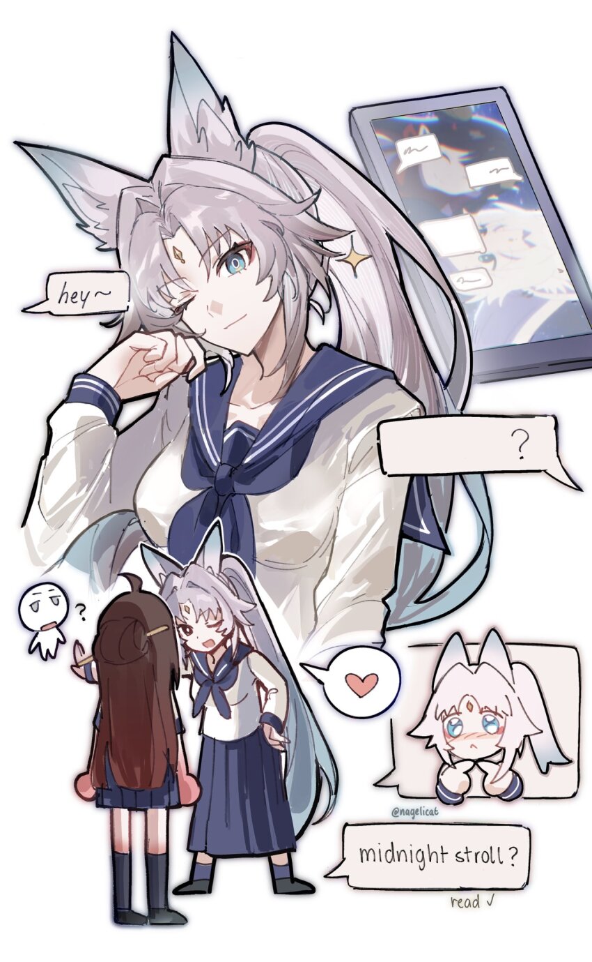 2girls, ?, alternate_costume, black_shoes, blue_sailor_collar, blue_skirt, blue_socks, brown_hair