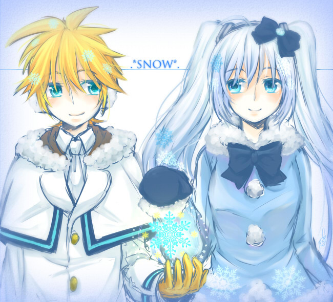 1boy, 1girl, aqua_eyes, blonde_hair, blue_eyes, blue_hair, blue_theme, bow