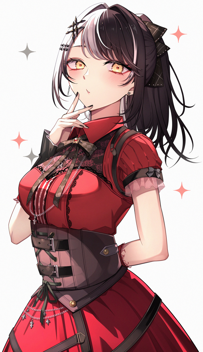 1girl, absurdres, arms_behind_back, black_corset, black_hair, black_nails, closed_mouth, corset