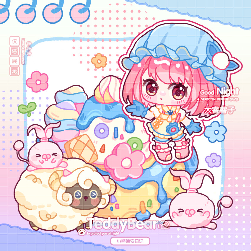 >_<, 1girl, apron, blue_bow, blue_gloves, blue_hat, blue_shirt, blue_shorts, blush_stickers, blushbunny_(infinity_nikki), boots, bow, bye-bye_dust_(infinity_nikki), checkerboard_cookie, chibi, chinese_commentary, commentary_request, cookie, dadada_ruzi, flower, food, footwear_bow, frilled_apron, frilled_headwear, frilled_shorts, frills, gloves, gradient_background, halftone, hat, hat_bow, heart, heart_in_eye, highres, infinity_nikki, medium_hair, mob_cap, nikki_(series), pink_boots, pink_bow, pink_hair, pocket, pom_pom_hat_ornament, puffy_short_sleeves, puffy_sleeves, purple_background, rabbit, sample_watermark, sheep, shirt, short_sleeves, shorts, symbol_in_eye, tareme, watermark, white_background, white_sleeves, yellow_apron