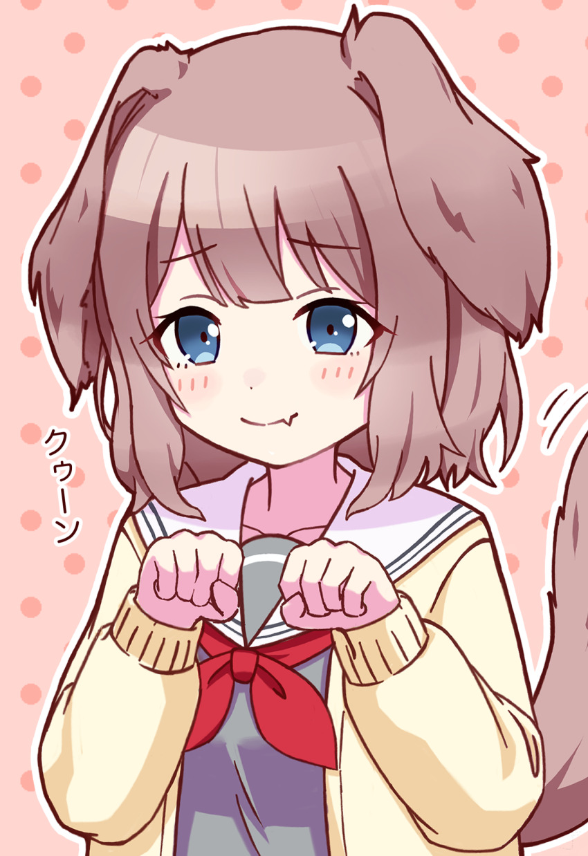 animal_ears, blue_eyes, blush, brown_hair, cardigan, chibi, commentary_request, fang