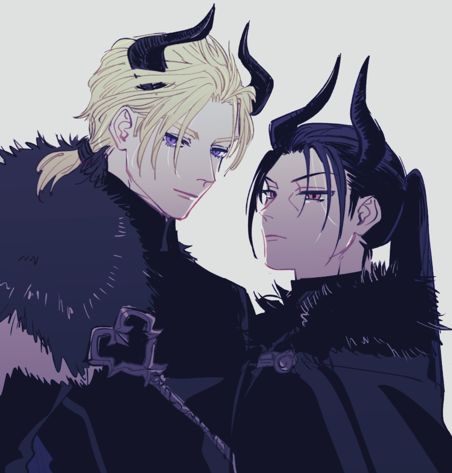 2boys, alternate_costume, black_cape, black_fur, black_shirt, blonde_hair, blue_eyes, blue_hair, cape, closed_mouth, commentary_request, dimitri_alexandre_blaiddyd, emushino, felix_hugo_fraldarius, fire_emblem, fire_emblem:_three_houses, fur_trim, holding, holding_scepter, long_hair, looking_to_the_side, male_focus, multiple_boys, nintendo, orange_hair, parted_bangs, ponytail, scepter, shirt, short_ponytail, sideways_glance, simple_background, turtleneck, upper_body, white_background, white_fur