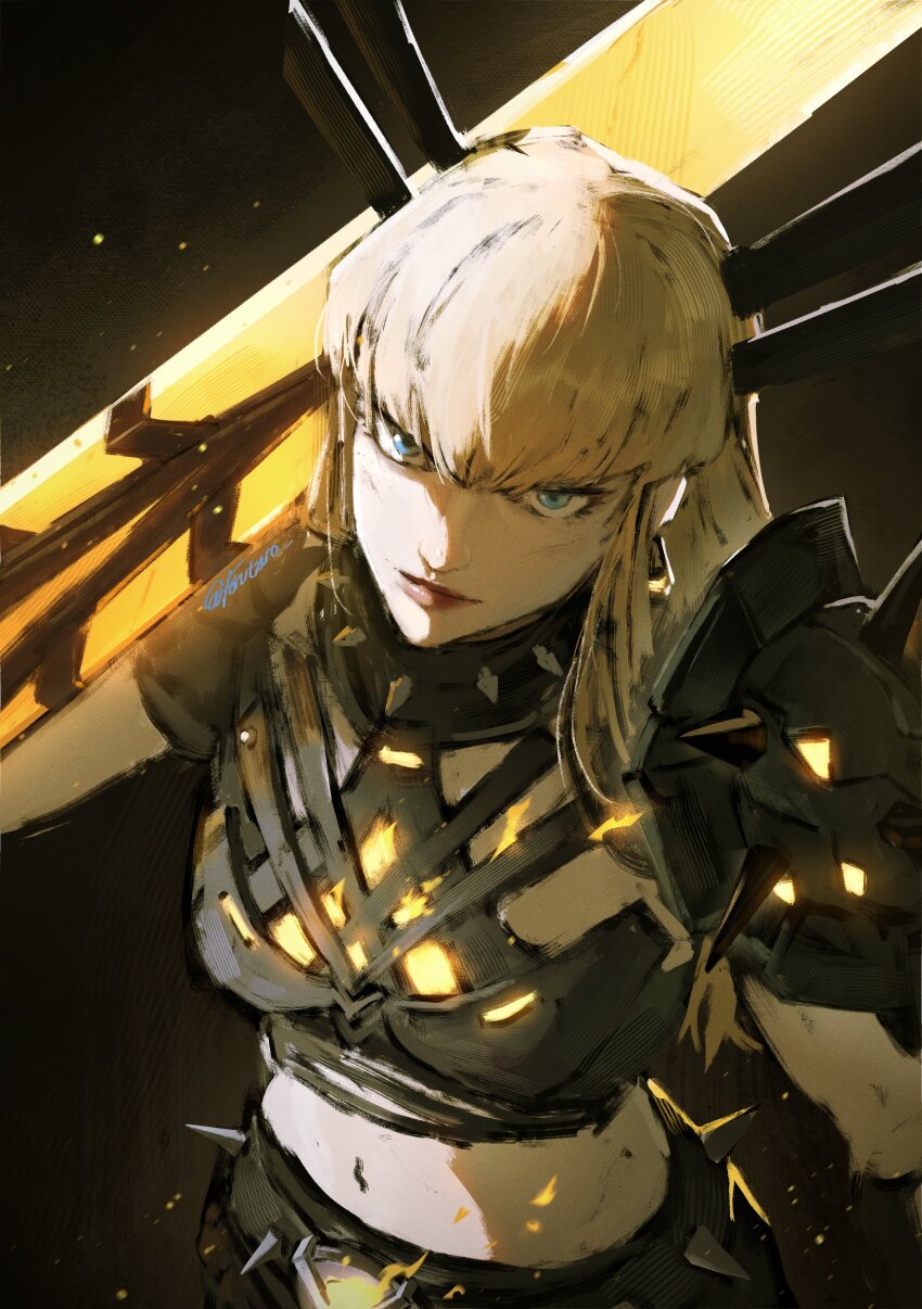 1girl, absurdres, armor, blonde_hair, blue_eyes, breasts, cleavage, cleavage_cutout