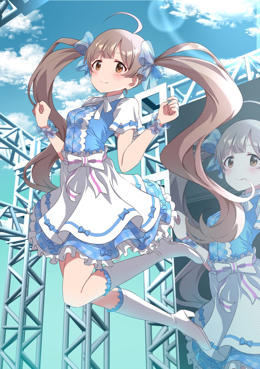 1girl, 3d_background, absurdres, ahoge, apron, birthday, blue_bow, blue_dress