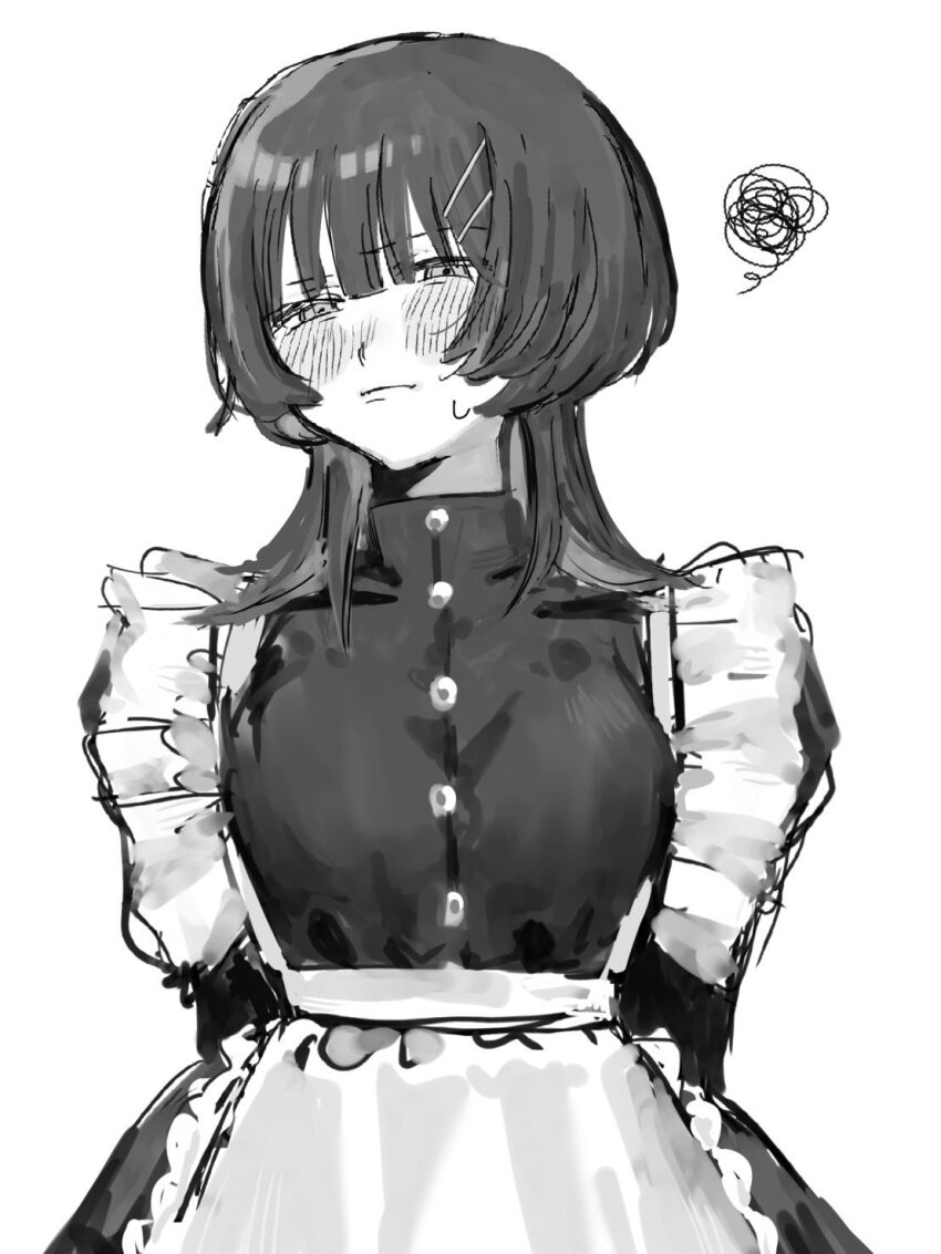 1girl, alternate_costume, apron, arms_behind_back, blunt_bangs, blush, breasts, commentary_request