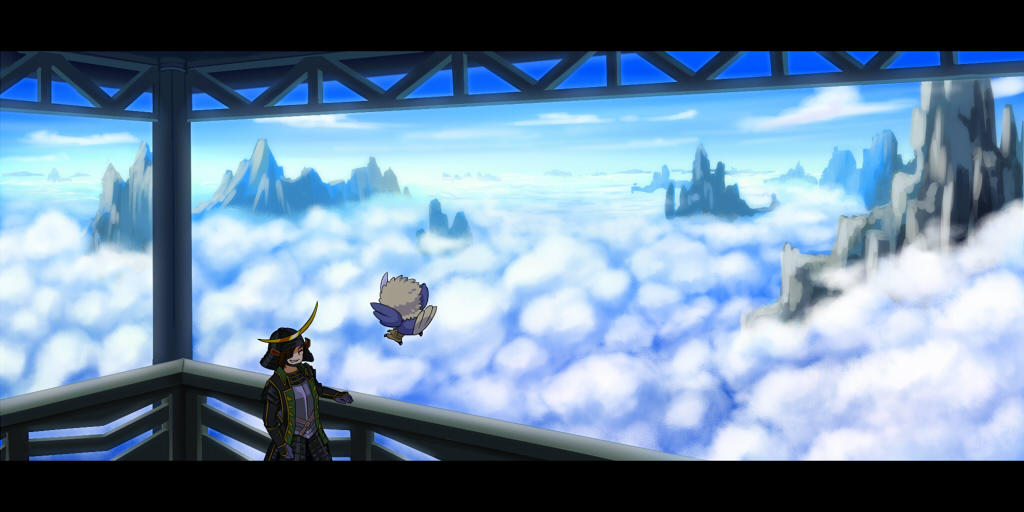 armor, balcony, castle, cloud, crescent, date_masamune_(sengoku_musou), gen_5_pokemon, helmet, horizon, midorijikano, mountain, mountainous_horizon, nintendo, pokemon, pokemon_conquest, rufflet, sengoku_musou, sky