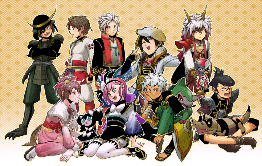 armor, beret, date_masamune_(sengoku_musou), fake_horns, feather_hair_ornament, fraxure, fukushima_masanori_(sengoku_musou), gen_5_pokemon