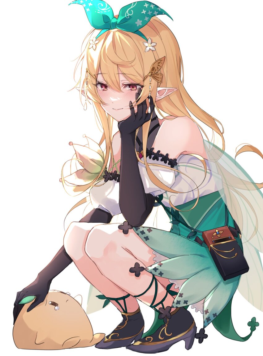 aqua_bow, black_gloves, blonde_hair, bow, brown_eyes, butterfly_hair_ornament, elbow_gloves, fairy, fairy_wings, gloves, green_skirt, gumi_070, hair_ornament, hair_ribbon, high_heels, highres, long_hair, nijisanji, nijisanji_en, pointy_ears, pomu_rainpuff, pomu_rainpuff_(1st_costume), pomudachi_(pomu_rainpuff), ribbon, skirt, virtual_youtuber, wings