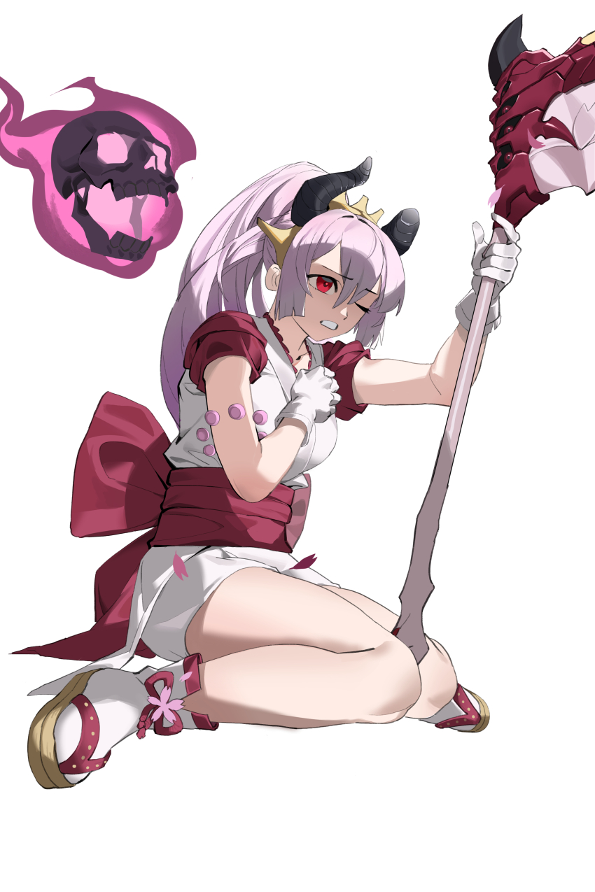 1girl, absurdres, beads, blossoms, boots, broken_horn, cherry, cherry_blossoms