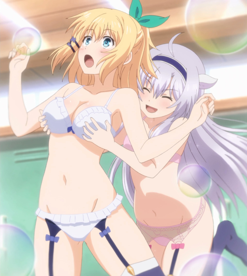 2girls, albino_girl, anime_screenshot, blonde_hair, blue_eyes, blush, bow, breasts, closed_eyes, fibel_sistine, fibel_sixtina, full_body, green_eyes, hair_bow, hair_bun, hair_ornament, hetero, highres, long_hair, multiple_girls, panties, pantyhose, ponytail, rokudenashi_majutsu_koushi_to_akashic_records, shironeko, sisti, sistina, stitched, thighhighs, third-party_edit, tingel_rumia, underwear, white_cat_girl, white_hair, white_thighhighs