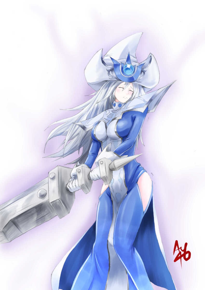 1girl, absurdres, au46_kaji, blue_dress, closed_eyes, clothing_cutout, dress, duel_monster, gloves, grey_hair, hat, highres, hip_vent, holding, holding_sword, holding_weapon, long_hair, signature, silent_magician, sword, weapon, white_gloves, white_hat, wizard_hat, yu-gi-oh!