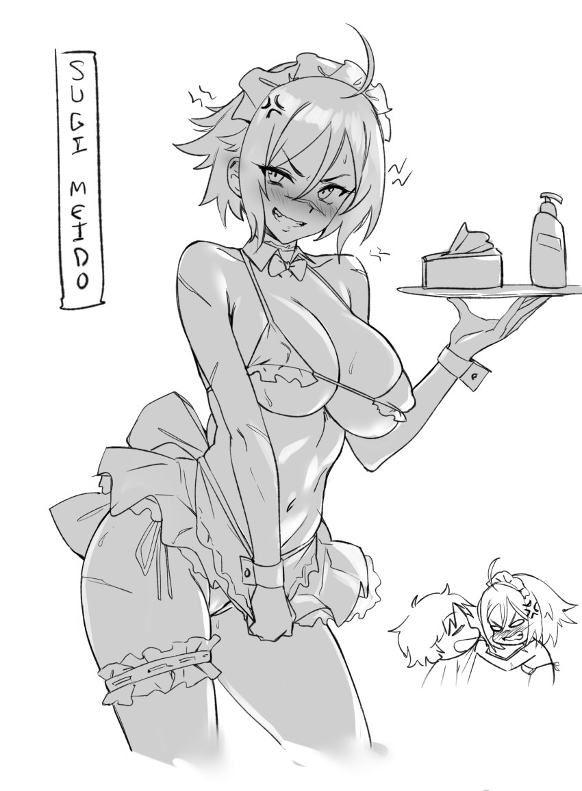 1boy, 1girl, absurdres, ahoge, anger_vein, apron, bare_shoulders, bikini