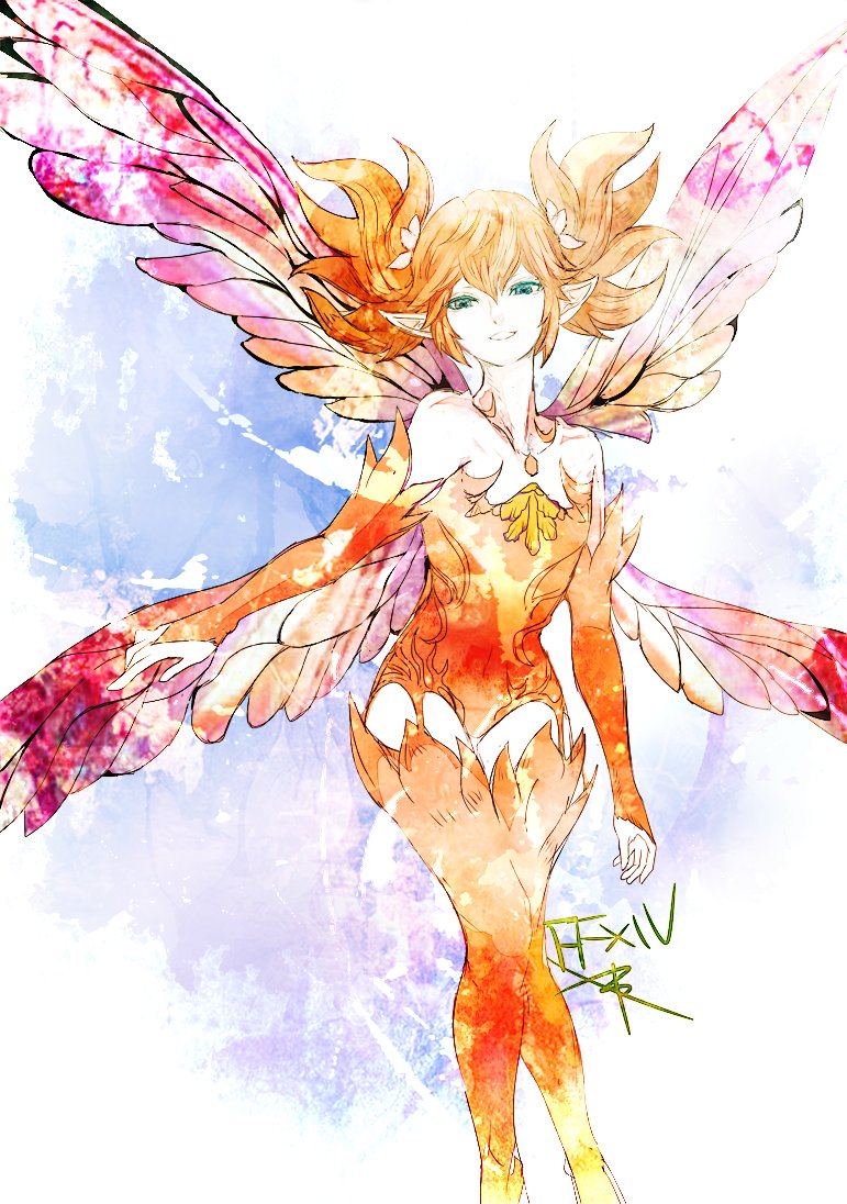 1other, butterfly_wings, commentary, copyright_name, fairy, feo_ul, final_fantasy, final_fantasy_xiv, green_eyes, hair_between_eyes, insect_wings, leotard, multiple_wings, orange_hair, orange_leotard, pixie_(ff14), pointy_ears, ruka_(blueplus84), smile, solo, wings