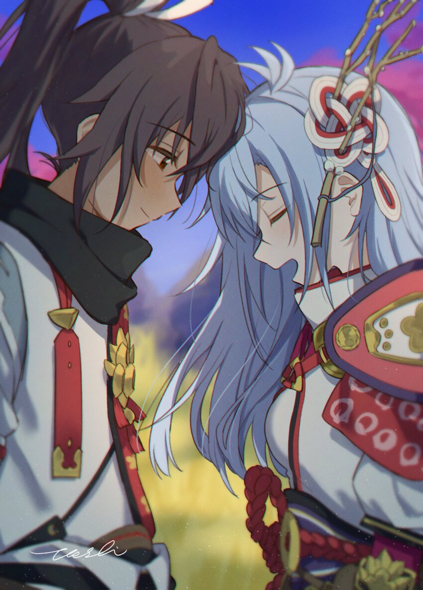 1boy, 1girl, absurdres, armor, brown_eyes, brown_hair, high_ponytail, highres