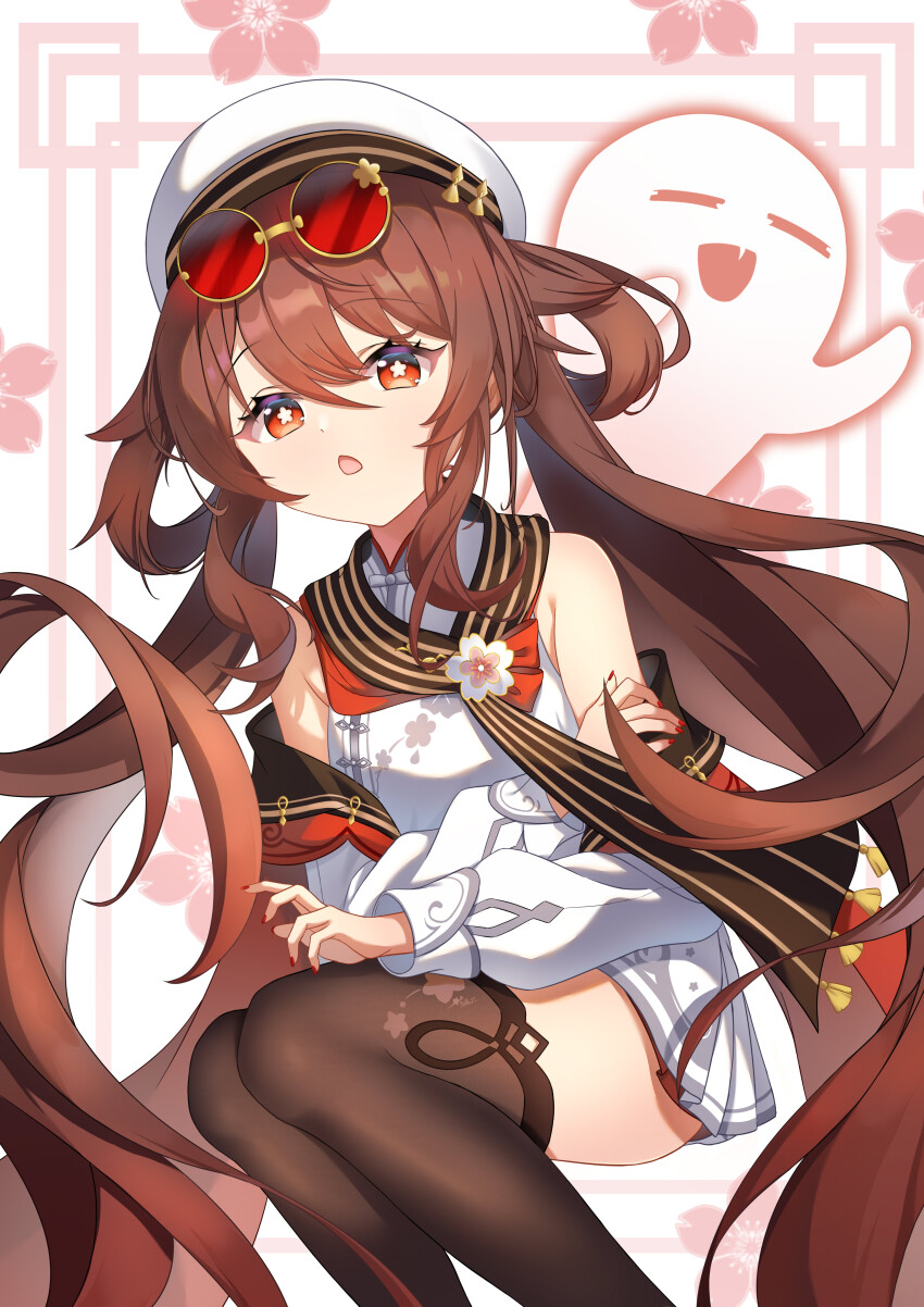 15144666223, 1girl, absurdres, boo_tao_(genshin_impact), brown_hair, brown_thighhighs, chestnut_mouth, detached_sleeves
