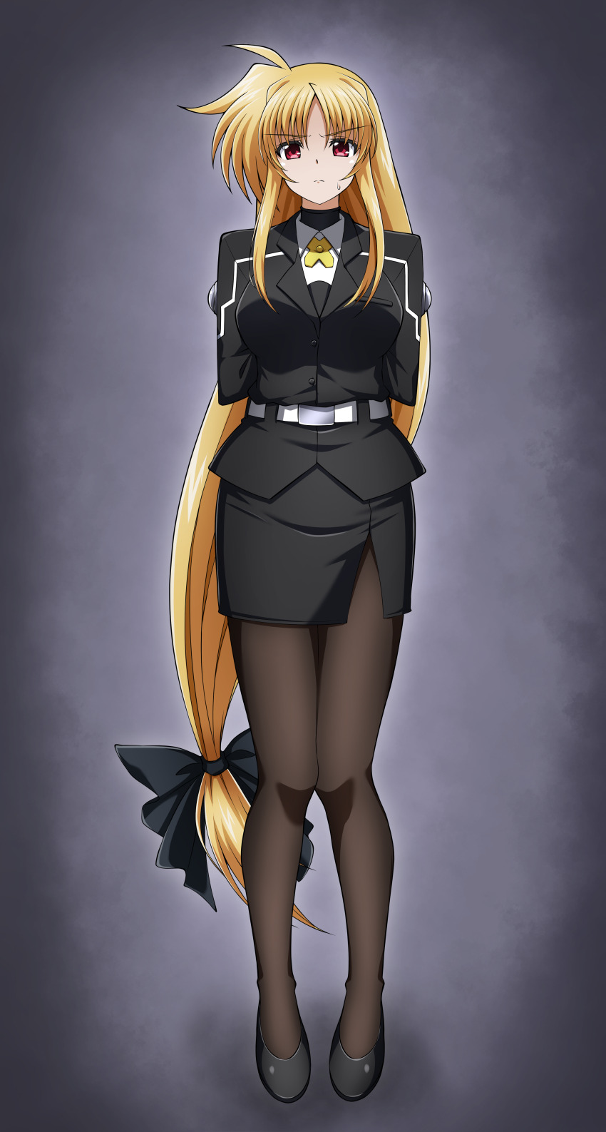 1girl, absurdres, arms_behind_back, belt, black_jacket, black_pantyhose, black_shoes, black_skirt