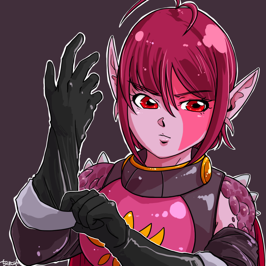 1girl, armor, black_gloves, closed_mouth, colored_skin, gloves, golden_sun, highres