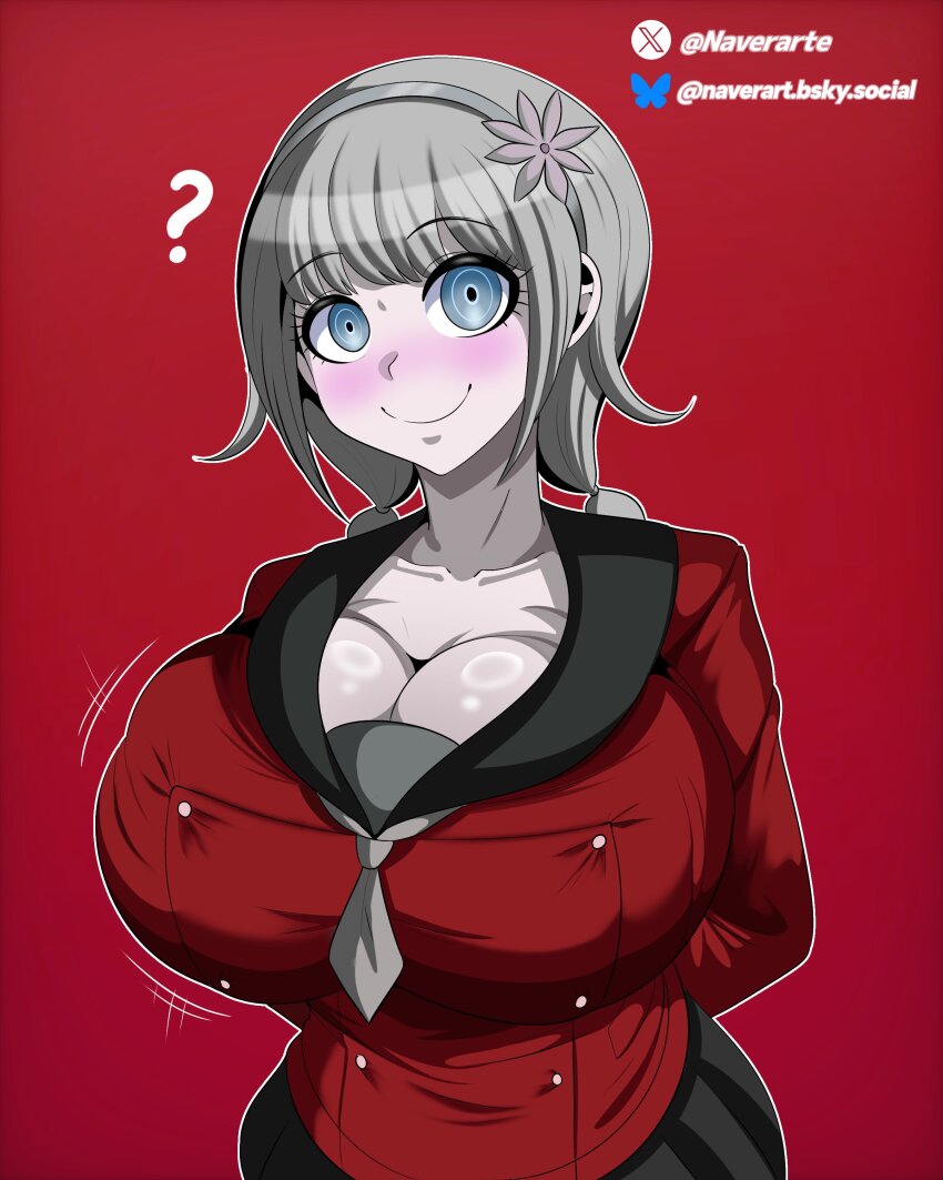 1girl, ?, absurdres, arms_behind_back, blue_eyes, blush, breasts, cleavage