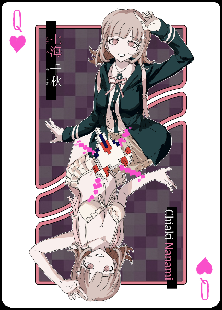 1girl, absurdres, arm_up, breasts, brown_hair, card, card_(medium), cleavage, danganronpa_(series), danganronpa_2:_goodbye_despair, grin, highres, hua_ze_you, large_breasts, long_sleeves, looking_at_viewer, multiple_views, nanami_chiaki, playing_card, playing_card_(medium), pleated_skirt, shirt, skirt, smile, teeth, white_background, white_shirt