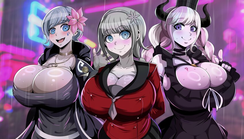 3girls, ?, absurdres, arms_behind_back, blue_eyes, blue_hair, blush, braid, breast_tattoo, breasts, choker, cleavage, covered_erect_nipples, crown, ear_piercing, face_piercing, female_focus, fingerless_gloves, flower, flower_on_head, fubuki_clockford, gloves, highres, hood, hoodie, horns, huge_breasts, jewelry, kurumi_wendy, lip_piercing, long_hair, looking_at_viewer, master_detective_archives:_rain_code, matching_hair/eyes, multicolored_hair, multiple_girls, naver, necklace, piercing, pink_hair, purple_eyes, rain, shinigami_(rain_code), skindentation, tattoo, twin_braids, twintails, two-tone_hair, upper_body, wet