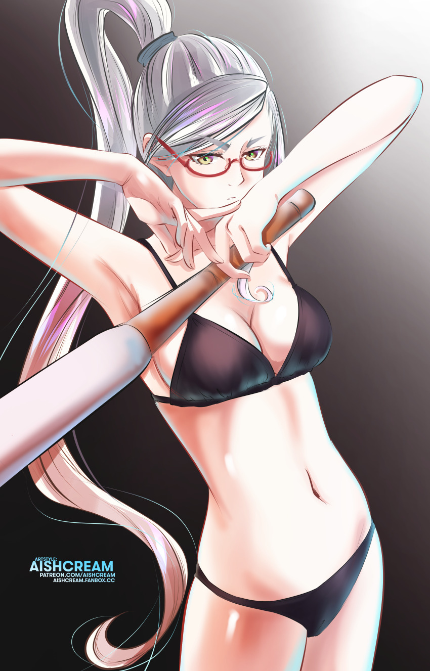 absurdres, aishcream24, armpits, artist_name, ayase_seiko, baseball_bat, bikini, black_background