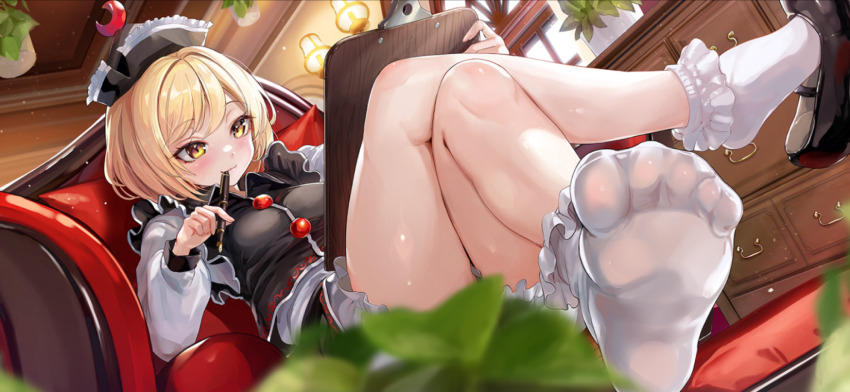 1girl, black_shoes, black_skirt, black_vest, blonde_hair, bloomers, blurry, blush, breasts, clipboard, closed_mouth, commentary_request, couch, crescent, crescent_hat_ornament, crossed_legs, depth_of_field, feet, foot_focus, game_cg, hanging_plant, hat, hat_ornament, highres, holding, holding_clipboard, holding_pen, indoors, long_sleeves, lunasa_prismriver, official_art, on_couch, pen, plant, potted_plant, shirt, shoes, sitting, skirt, skirt_set, smile, socks, solo, thighs, third-party_source, tocope, touhou, touhou_gensou_eclipse, underwear, vest, wardrobe, white_bloomers, white_shirt, white_socks, window, yellow_eyes