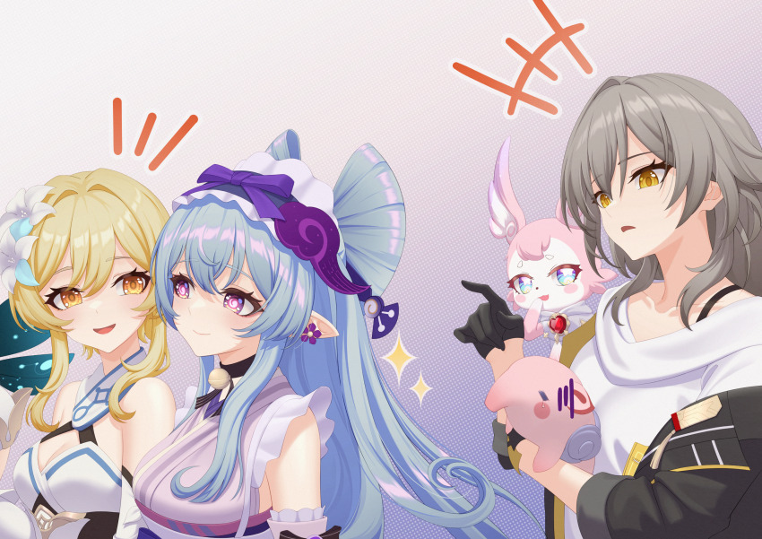 3girls, :d, bare_shoulders, black_gloves, black_jacket, blonde_hair, blue_hair, bra_strap