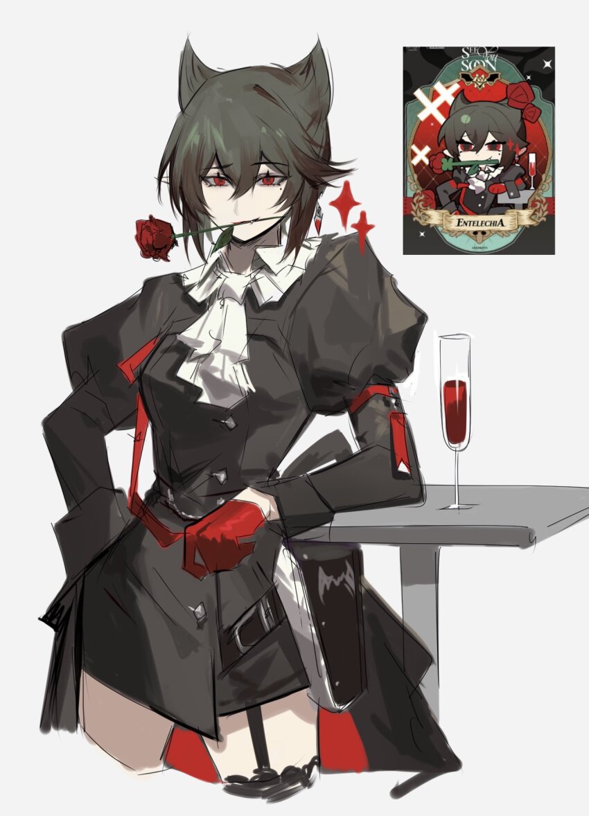 arknights, ascot, black_hair, black_jacket, blood, cup, drinking_glass, entelechia_(arknights)