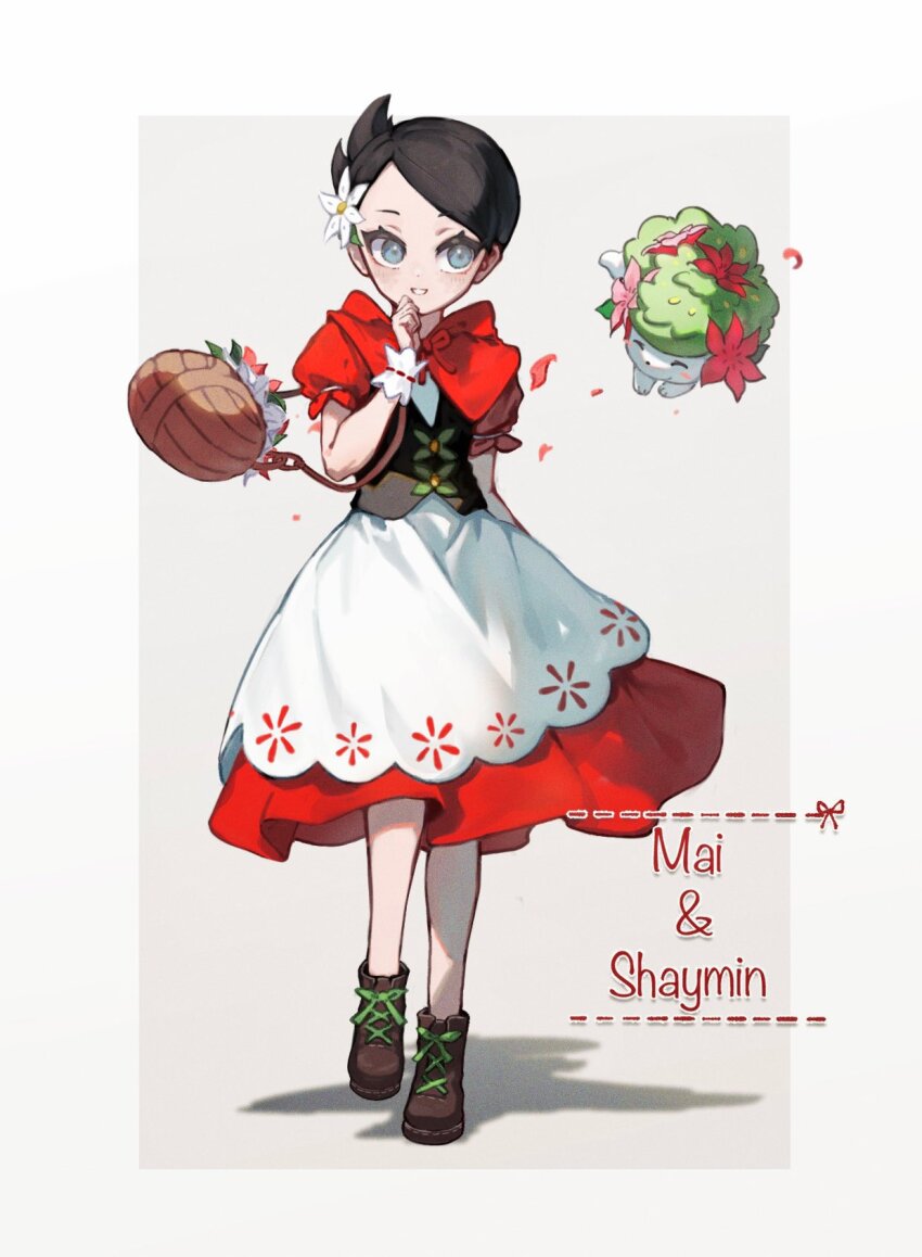 1girl, black_hair, blue_eyes, boots, character_name, commentary_request, cowlick, flower