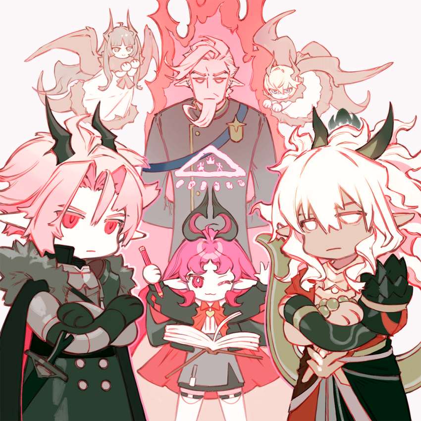 2girls, 4boys, ;3, alternate_species, arknights, arms_behind_back, aurora, beard