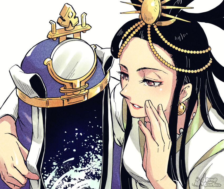 1boy, 1girl, amaterasu_(megami_tensei), arm_around_neck, black_hair, demon_(megami_tensei), earrings, eyelashes