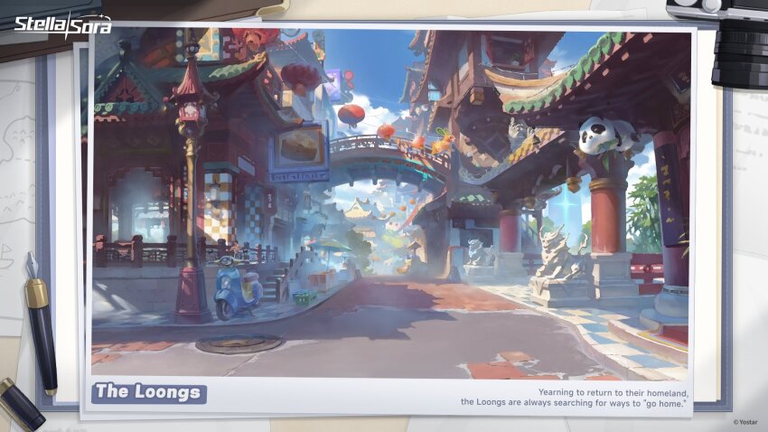 architecture, bamboo_steamer, blue_sky, cloud, commentary, commentary_request, day, dragon_statue, east_asian_architecture, english_commentary, english_text, food, highres, lamppost, lantern, manhole, mixed-language_commentary, monolith_(object), motor_vehicle, nib_pen_(object), no_humans, official_art, outdoors, panda, pen, photo_(object), rabbit, road, scenery, scooter, shadow, sign, sky, statue, steamed_bun, stella_sora, street, vespa