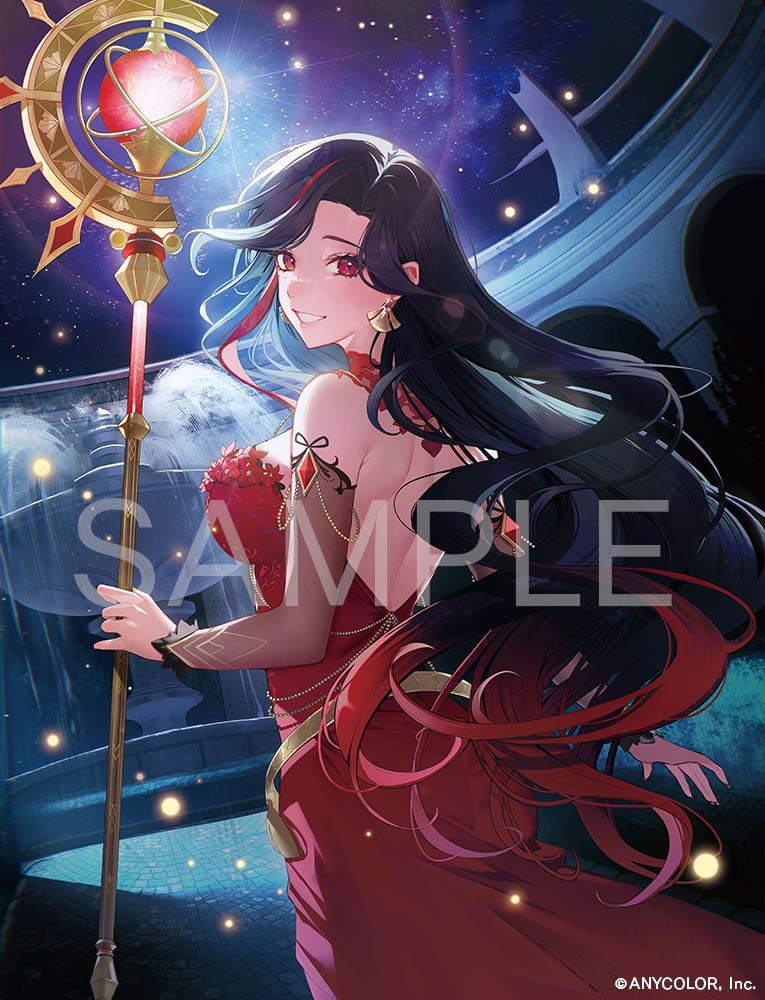 1girl, black_hair, breasts, commentary_request, copyright_notice, dress, earrings, fountain