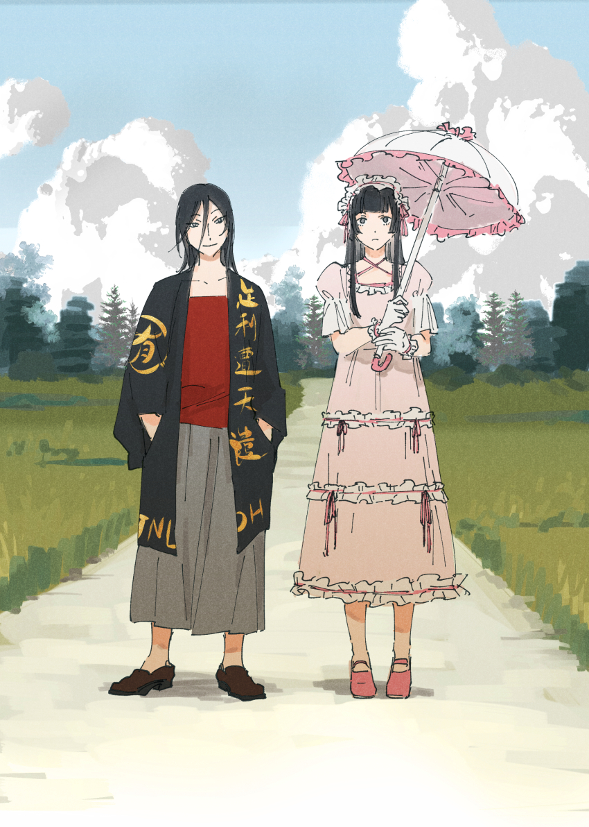 2boys, absurdres, androgynous, black_hair, black_jacket, black_shoes, blue_sky, blunt_bangs, closed_mouth, cloud, cloudy_sky, commentary_request, cosplay, crossdressing, crossdressing_(mtf), cumulonimbus_cloud, dress, expressionless, field, full_body, gloves, grass, grey_eyes, grey_skirt, hair_between_eyes, hands_in_pockets, highres, hime_cut, holding, holding_umbrella, inu-oh, inu-oh_(inu-oh), jacket, lolita_fashion, long_hair, long_skirt, long_sleeves, looking_at_viewer, male_focus, mary_janes, multiple_boys, nature, outdoors, parasol, path, pink_dress, pink_shoes, puffy_short_sleeves, puffy_sleeves, red_shirt, road, shimotsuma_monogatari, shirt, shoes, short_sleeves, side-by-side, skirt, sky, smile, spoilers, standing, tomona_(inu-oh), tree, umbrella, umbrella_over_shoulder, white_gloves, zeloco